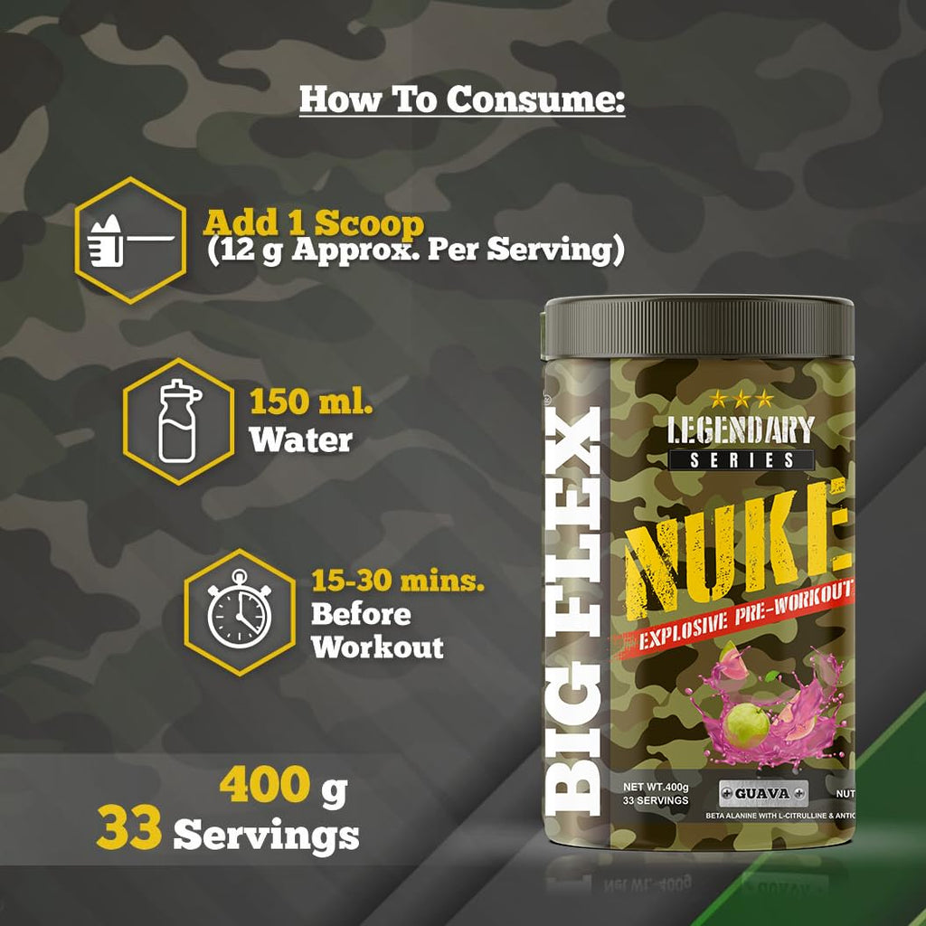 Bigflex Nuke Pre Workout Powder| 33 Servings |Energy Booster| (Guava, 400 gm)