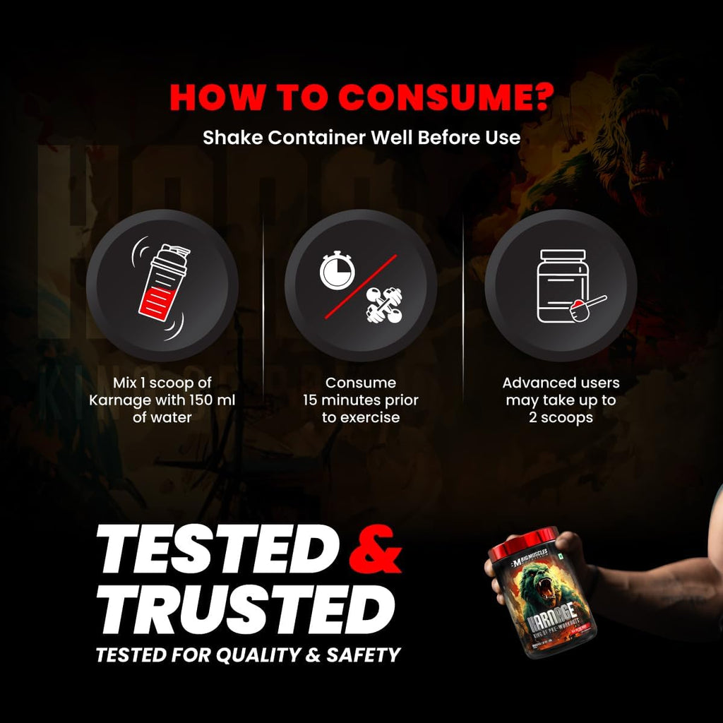 Bigmuscles Nutrition Karnage Pre workout [60 Servings,  | Pre-workout Supplement Supports to Improve Focus, Strength, Energy and Pump, Banned Substance Tested, Dope Free, 300g