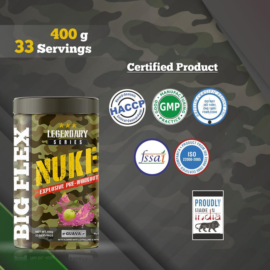 Bigflex Nuke Pre Workout Powder| 33 Servings |Energy Booster| (Guava, 400 gm)