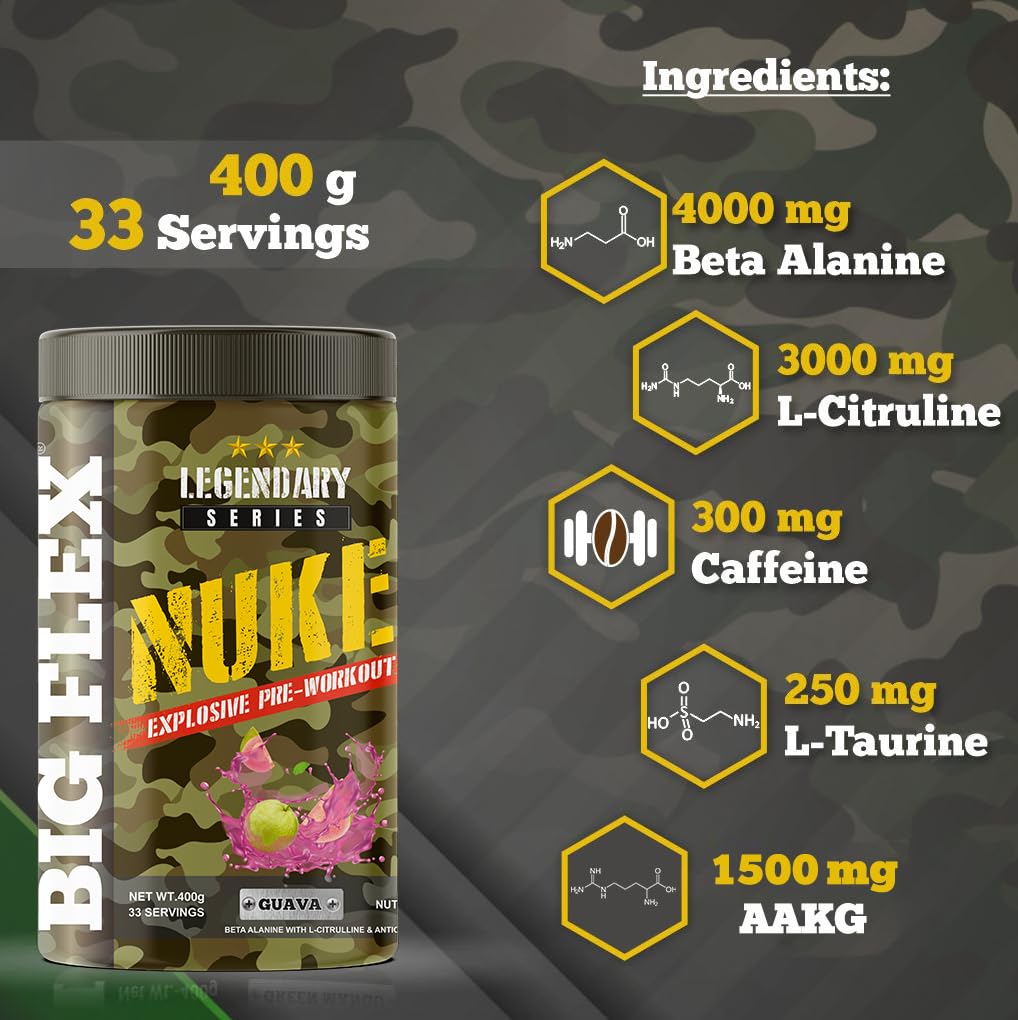 Bigflex Nuke Pre Workout Powder| 33 Servings |Energy Booster| (Guava, 400 gm)