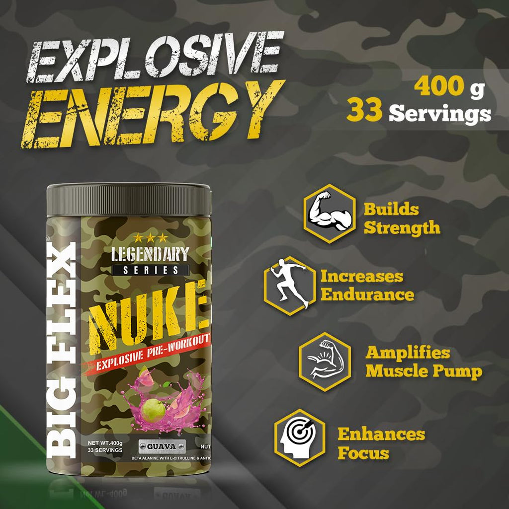 Bigflex Nuke Pre Workout Powder| 33 Servings |Energy Booster| (Guava, 400 gm)