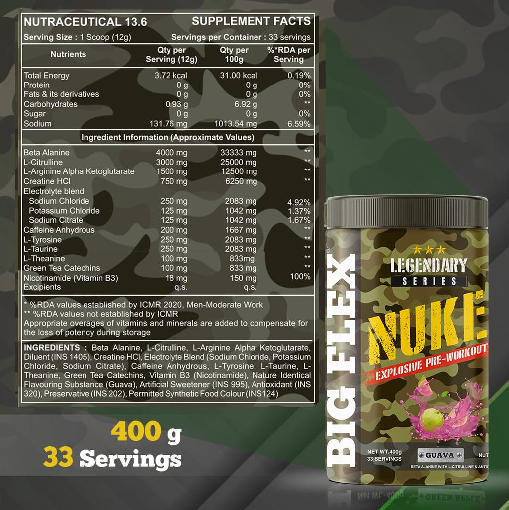 Bigflex Nuke Pre Workout Powder| 33 Servings |Energy Booster| (Guava, 400 gm)
