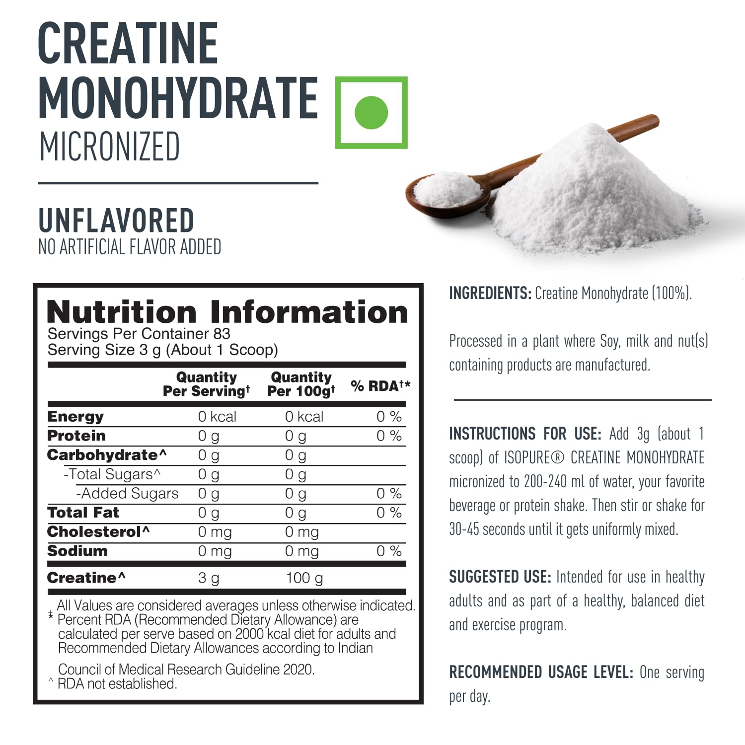 Isopure 100% Creatine Monohydrate Micronized, 250g- 83 servings