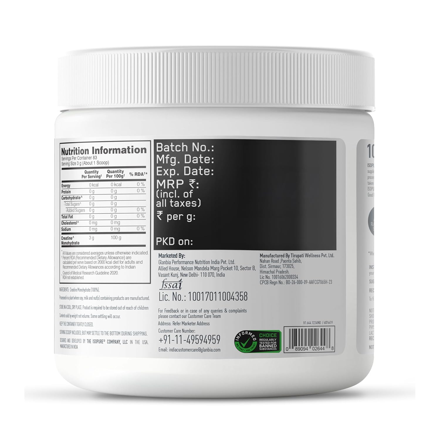 Isopure 100% Creatine Monohydrate Micronized, 250g- 83 servings
