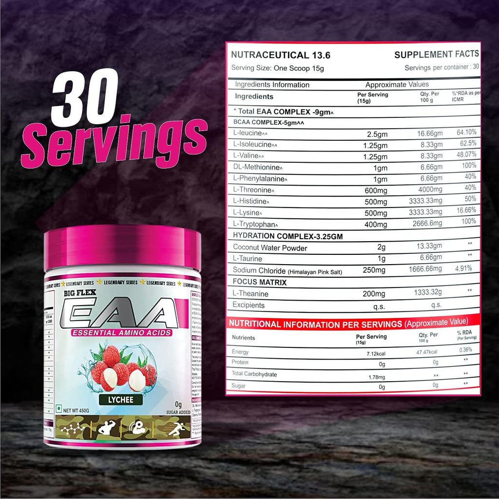 BigFlex EAA Essential Amino Acid [30 Servings], Full Spectrum EAAs-BCAA, Hydration Blend, Energy Matrix, Keto Friendly, All 9 Essential Amino Acids,Pack of 450 gm Powder