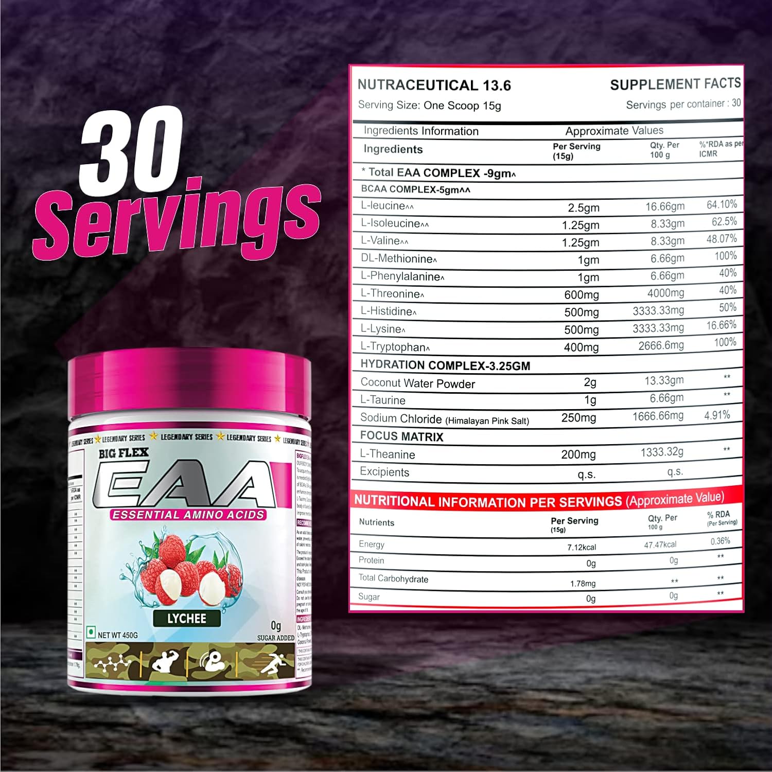 BigFlex EAA Essential Amino Acid [30 Servings], Full Spectrum EAAs-BCAA, Hydration Blend, Energy Matrix, Keto Friendly, All 9 Essential Amino Acids,Pack of 450 gm Powder